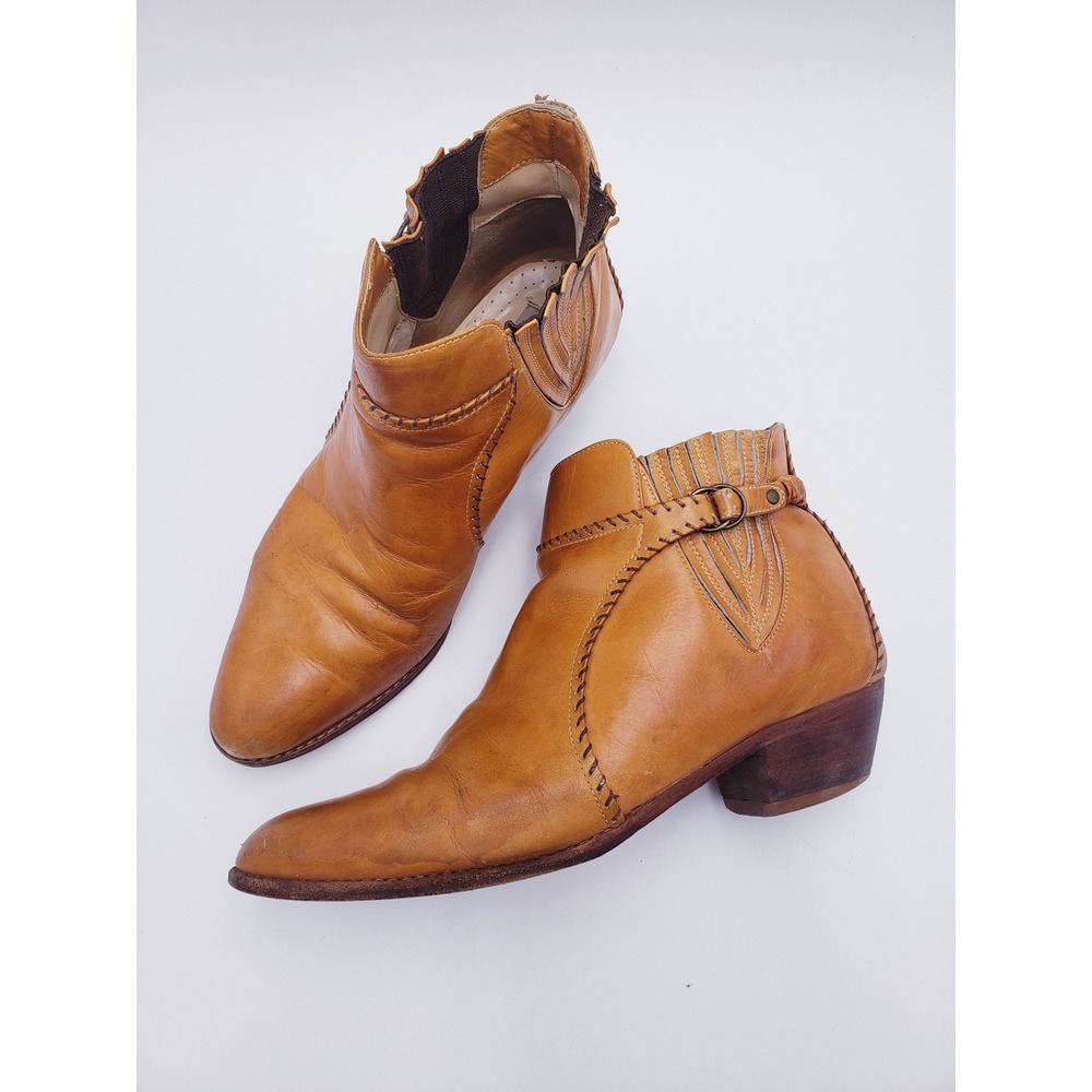 Vintage 70s Father Son Ankle‎ Boots Tan Leather Western Cowboy Buckle Mens 11